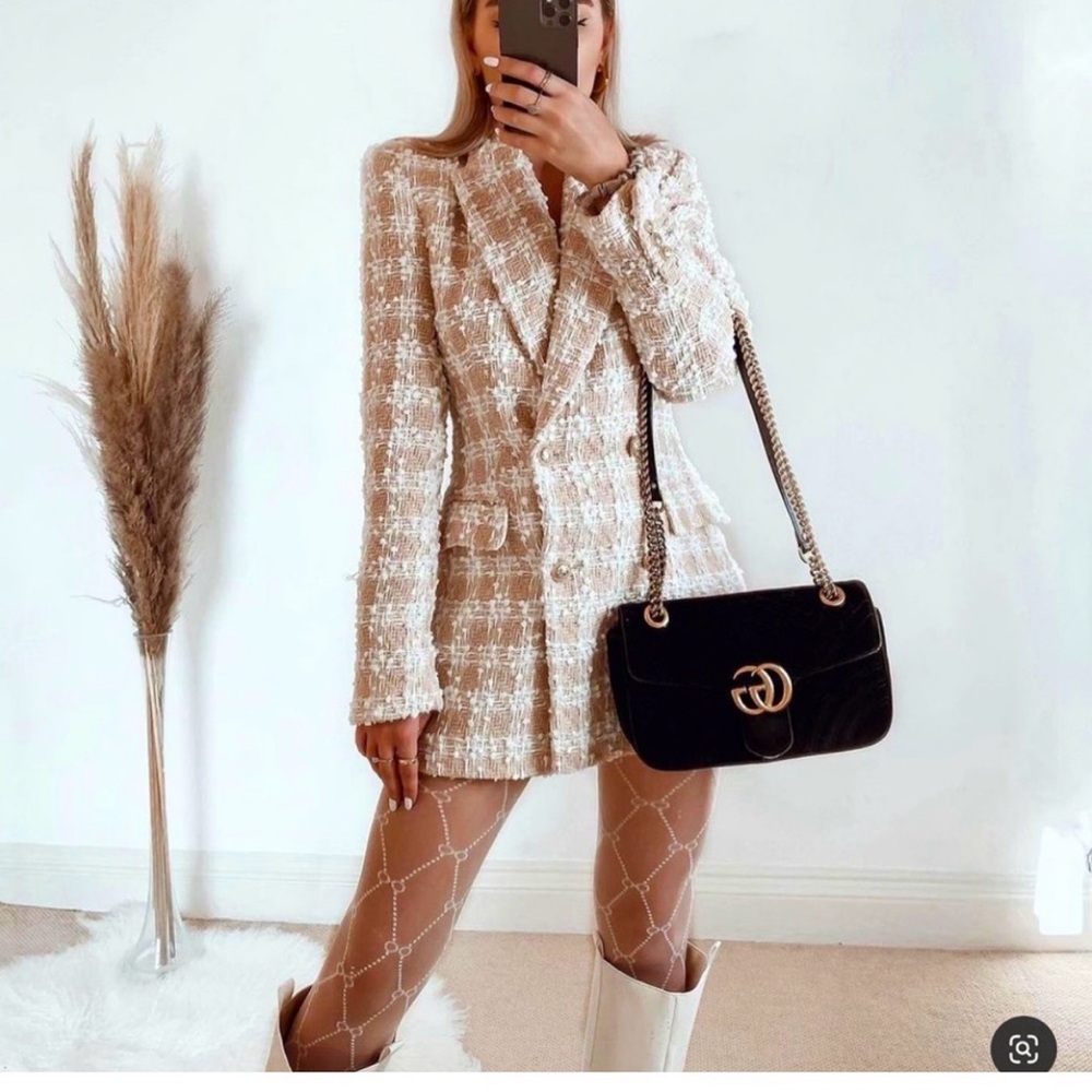 Zara Beige Tweed Double-Breasted Blazer Jacket